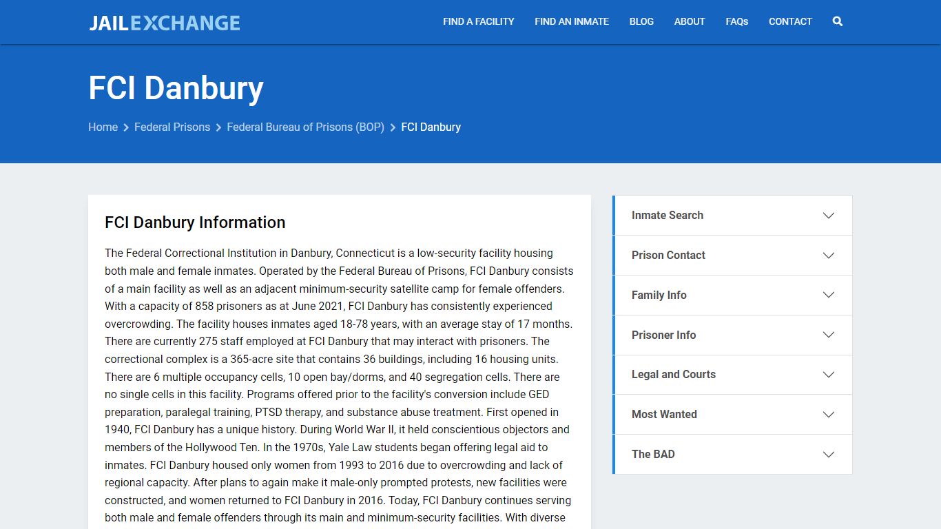 Federal Inmate Search - FCI Danbury - Jail Exchange